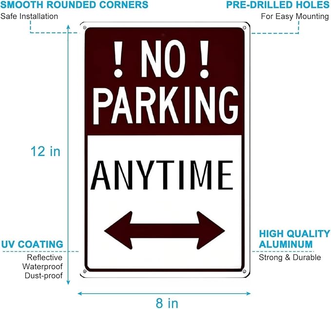 'No Parking' Sign with Arrow - 8x12 Inch Metal Sign - Rust, Water and Fade Resistant - Easy to Install for Outdoor or Indoor Use, Perfect for Driveways, Roads or Garages