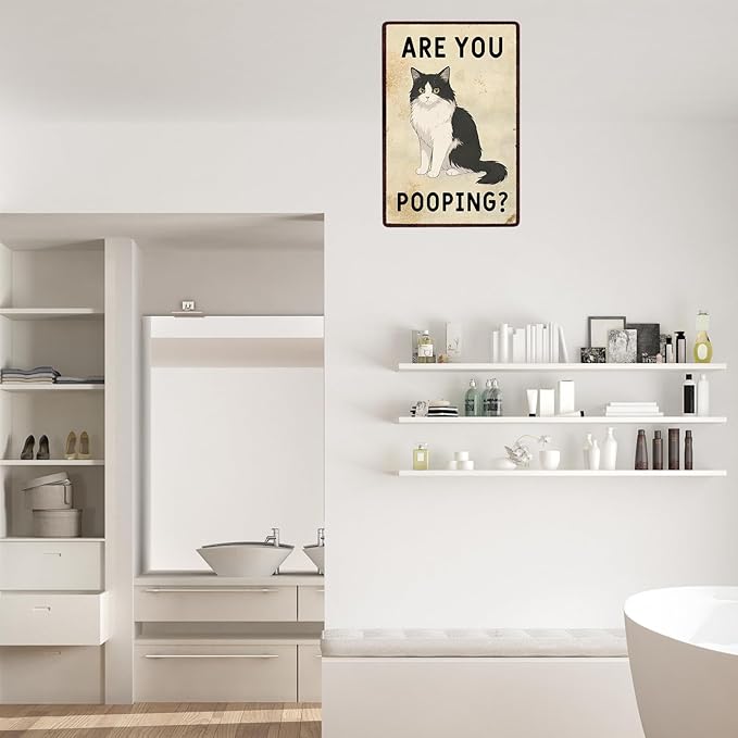 Bathroom Wall Decor, Cat Gifts for Cat Lovers, Are You Pooping Sign, Funny Metal Cat Signs for Bathroom Restroom Toilet Powder Room, Cat Wall Art Decor 8 X12 Inch