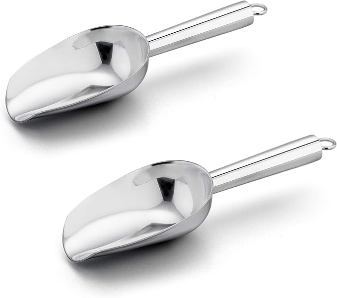 8 Ounce Ice Scoop Set of 2, E-far Stainless Steel Scoops for Ice Cube/Candy/Flour/Sugar, Metal Utility Scoops for Party, Baking, Kitchen Pantry, Rust Free & Dishwasher Safe