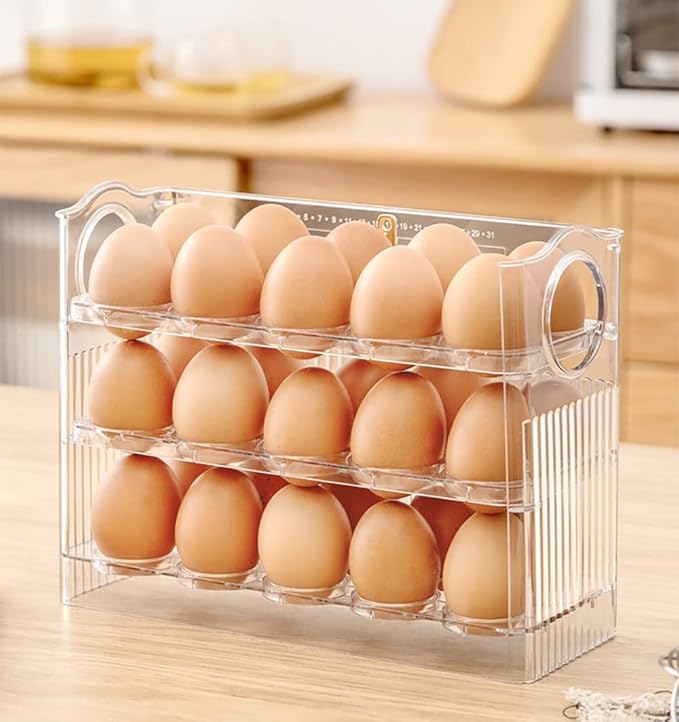 Flippable Egg Holder for 30 Eggs,Egg Storage for Refrigerator,3-Tiers Clear Acrylic Egg Container,Large Container for Kitchen Countertop, Egg Dispenser, Egg Tray, Clear