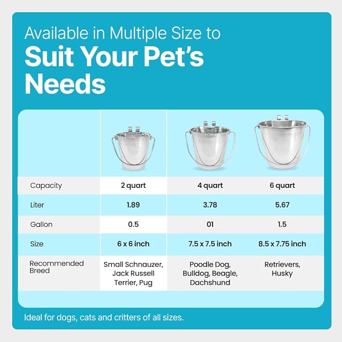 Half Gallon Stainless Steel Bucket - Heavy Duty Flat-Side Metal Bucket for Pets & Livestock Feeding - Rust Resistant Water Bucket with Hooks for Kennels, Cages, Crates & Fences - 2 Quart