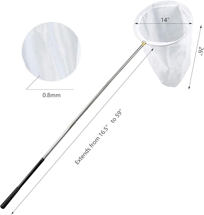 RESTCLOUD Professional Insect and Butterfly Net with 14" Ring, 26" Net Depth, 59" Telescopic Handle Full Extends to 73" Stainless Lockable