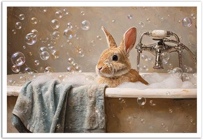 MNFGMH Easter Bathroom Print Vintage Style Bunny in Bathtub Poster for Wall Rustic Farmhouse Easter Wall Art Canvas Roll 24x36 inch