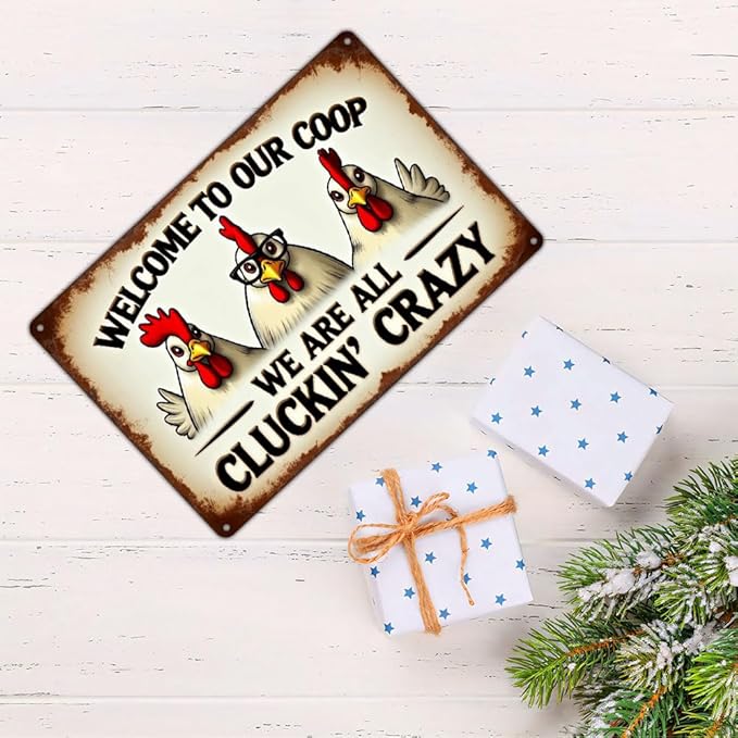 FunnySign Chicken Gifts Rooster Décor Welcome To Our Coop We Are All Cluckin' Crazy Rustic Tin Sign For Home Farm Chicken Coop Decor 8x12 Inch (9702)