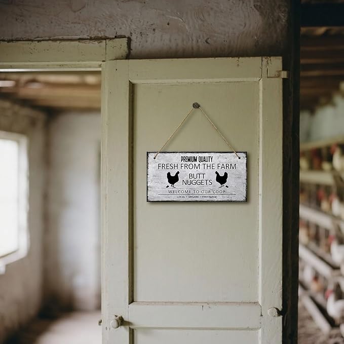 Farm Fresh Butt Nuggets Wooden Plaque Wall Decor Rustic Chicken Coop Wood Hanging Sign Funny Art Prints for Henhouse Farmhouse Kitchen Wall Decoration Gifts, 6x12 Inch