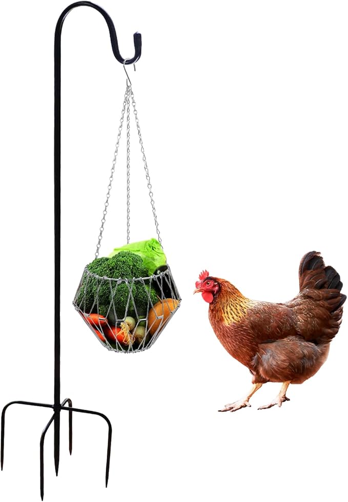 Hanging Chicken Feeder, Metal Chicken Treat Dispenser with Chain and Stand Pole, Chicken Enrichment Toys, Chicken Coop Accessories for Hens, Turkeys, Ducks, Geese, and Other Poultry