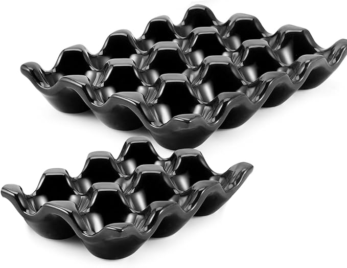 Flexzion 12 + 6 Cups Ceramic Egg Holder for Fridge - 18 Porcelain Egg Tray Container Keeper Storage Organizer Decorative Serving Stand Serveware for Refrigerator Countertop Display Kitchen (Black)