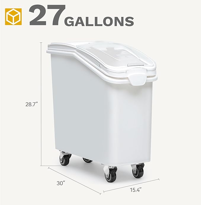 DWVO 27 Gal Large Ingredient Storage Bin, Flour Rice Food Storage Containers Bin with 500 Cups, Commercial Bins with 360° Wheels, Scoop and Lid for Kitchen, White