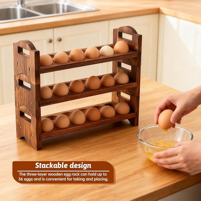 Wooden Egg Holder Countertop, ‌3-Tier Wooden Egg Holder & Storage, 36-Hole Stackable Rack for Fresh Eggs, Easter Eggs, Home Kitchen Organizer