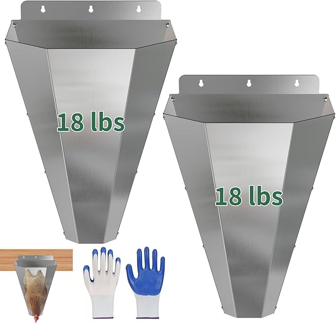 Large Chicken Cone for Butchering 2 Pack, Stainless Steel Kill Cones with 2 Pairs of Safety Gloves, Flat-Back Design, for Killing Chickens, Ducks, Turkeys & Poultry up to 18 lbs (Silver)