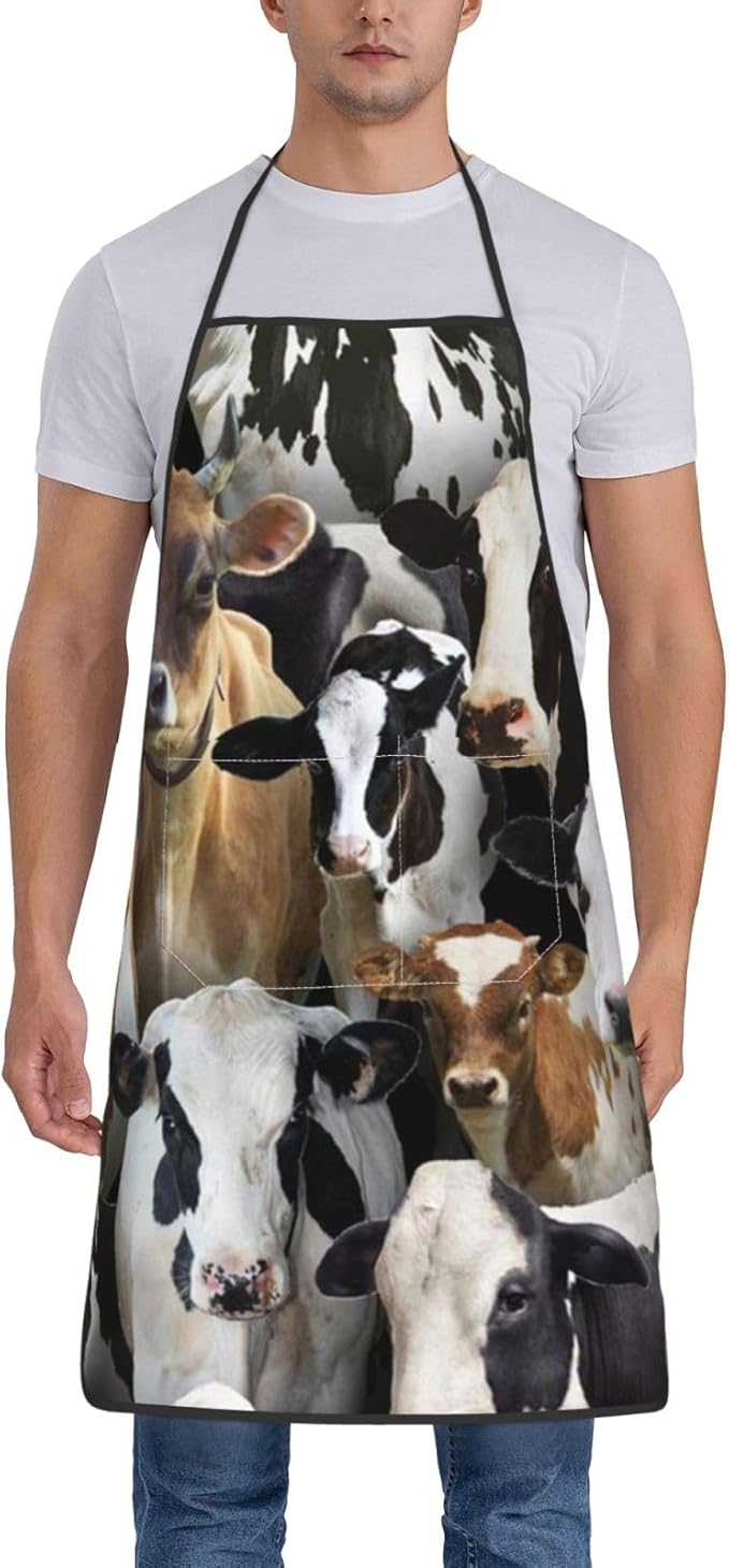 Apron for Women Men, Adjustable with Pocket Washable Cooking Apron, Chef Grilling BBQ Baking Crafting, Farm Animals Dairy Cows Cow