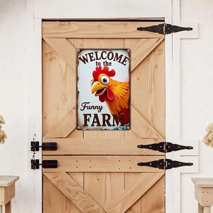FunnySign Chicken Gifts Rooster Décor Welcome To The Funny Farm Rustic Tin Sign For Home Farm Chicken Coop Decor 8x12 Inch (9706)