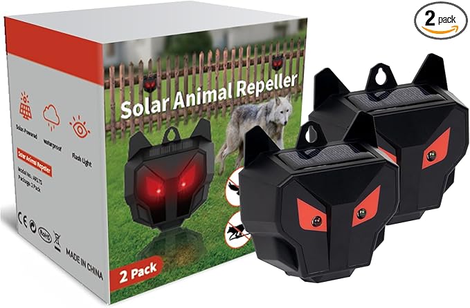 2 Pack PESTEZE Reusable Solar Nocturnal Animal Repeller. Flashing Red Light Deters Unwanted Animals Like Skunk, Deer, Coyote, Fox, Wolf, Rabbitt, Raccoon & Birds to Protect Property & Livestock