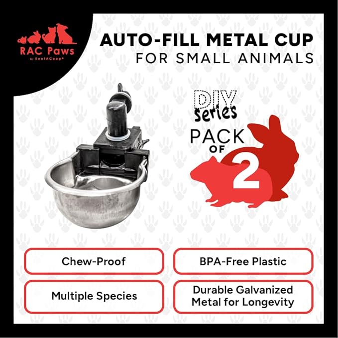 Rac Paws by RentACoop DIY Auto-Fill Metal Cup Waterer Kit - Great for Small Animals, Pets, Bunnies, Ferret, Chickens, Hamsters, Guinea Pigs, Rabbits, Chinchillas, Mice, Rats - 2 Pack