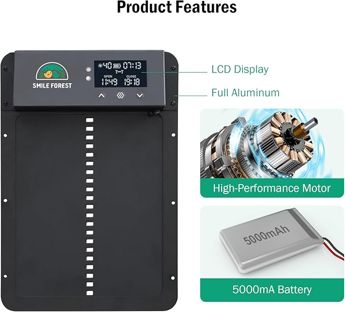 Automatic Chicken Coop Door with Light Sensor & Timer Control - Multi-Mode Chicken Door Opener with Solar Charging