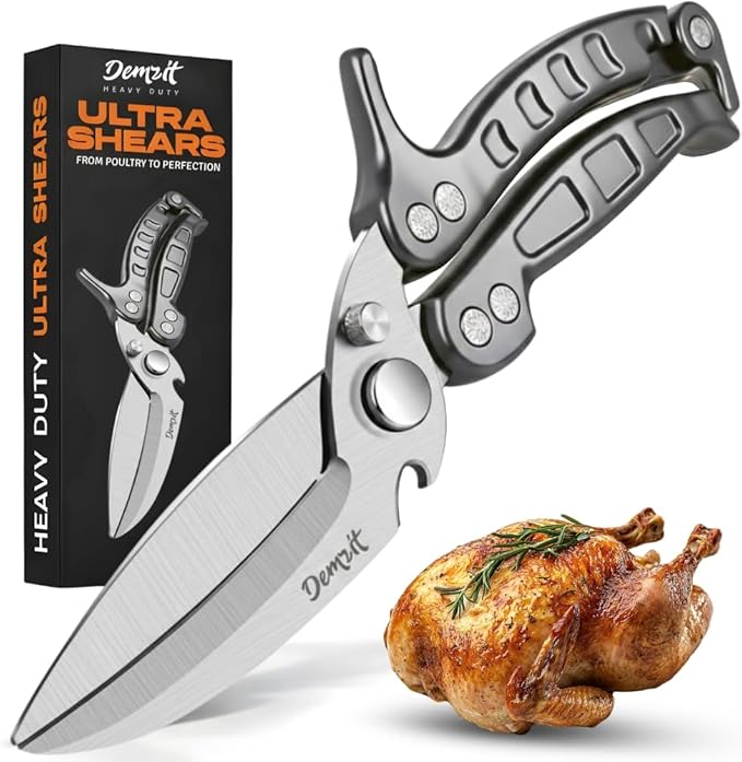 Poultry Shears Heavy Duty Professional, Turkey Shears for Chicken & Bone Cutting, Meat Cutting Scissors, Spring-Loaded Multi-purpose Kitchen Scissors, Dishwasher Safe, Non-Slip Handle, Silver