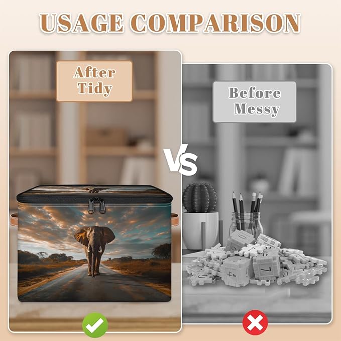 Elephants Storage Bins With Lids Fabric Collapsible Storage Box with Leather Handles for Home Bedroom Foldable Closet Shelf Organizer
