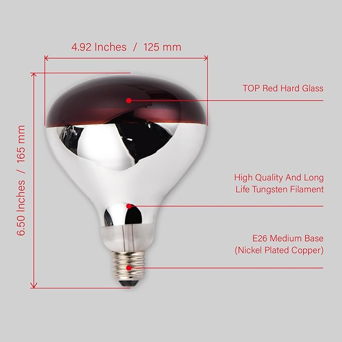 Incandescent R40 Reflector Infrared Lamp, Explosion Proof Red Glass, E26 Base, Red Heat Lamp Bulb 250W for Reptiles,Turtles, Pets, Calves and Lambs, Chicks and Light Therapy, 2 Pack (R40INR)