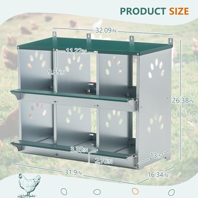 Green Chicken Nesting Box for Laying Eggs – Roll Away Poultry Nest, Durable & Easy-Clean Hen Egg Box for Coops, Secure & Comfortable (6-Hole,Green)