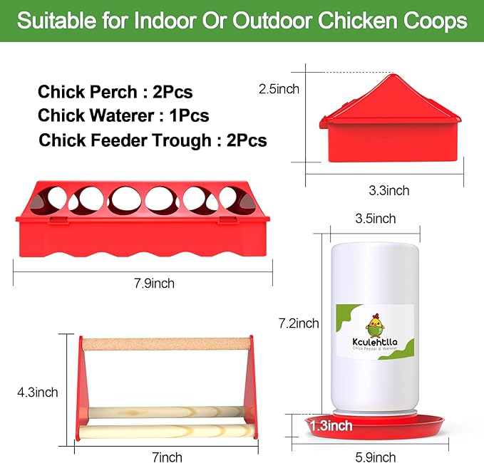 8Pcs Chick Feeder and Waterer Kit, Baby Chicken Supplies with Chicks Perch, Plastic Feeder Trough and 1.2L Waterer