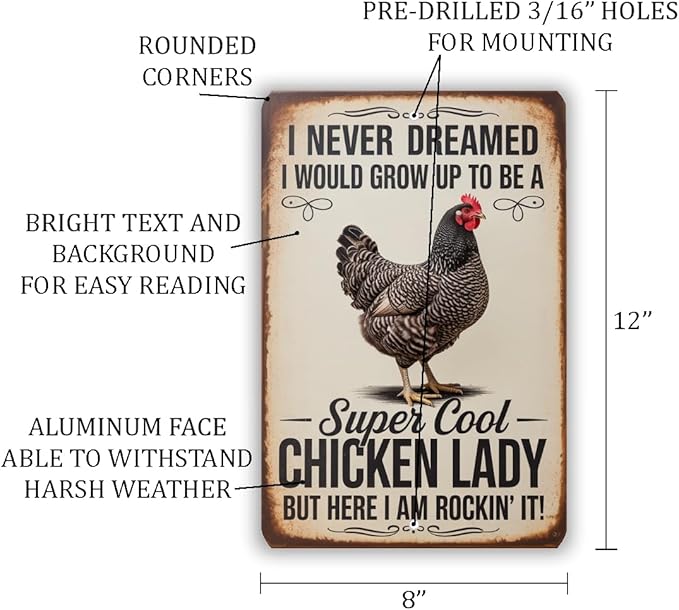 Cool Chicken Lady Sign – Funny Farmhouse Wall Decor, Vintage Metal Chicken Sign With Rustic Distressed Finish 8x12