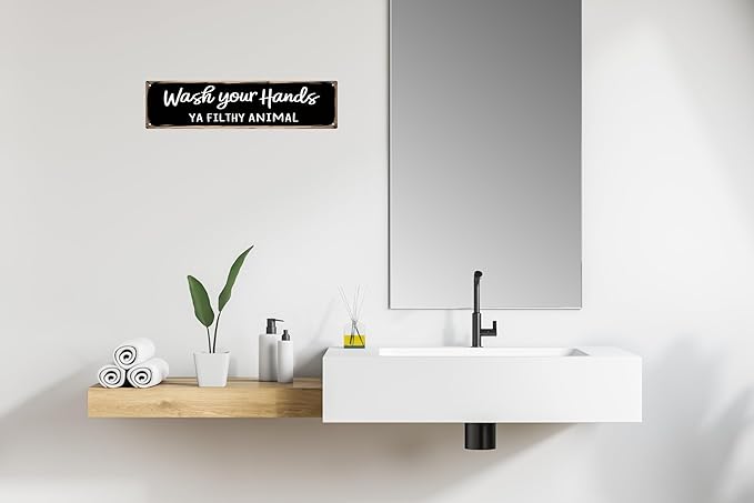 CSWLJS Funny Rustic Metal Tin Signs Wash Your Hands Ya Filthy Animal Kitchen Sign Wall Decor Black Vintage Farmhouse Bar Decor for Home Pantry Dining Room Coffee Shop 4x16 In