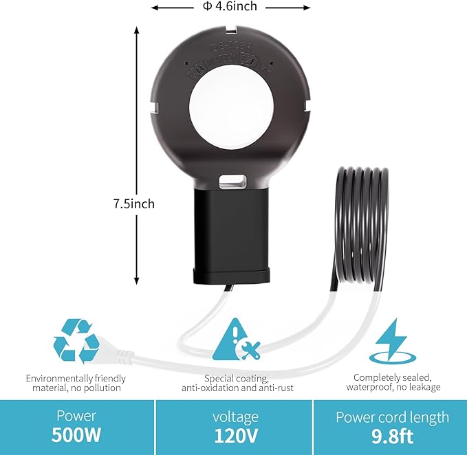 500 Watt Pond De-Icer with Thermostat, Cast Aluminum Submersible Bird Bath Heater, Heated Chicken Water, Power Cord 9.8 Ft