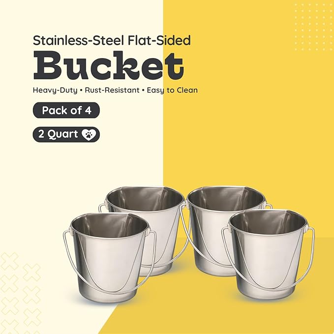 Flat Side Stainless Steel Bucket 2 Quart Hanging Feeding Utility Pail for Small Dog Cat Birds, Fits Kennel Cage Compatible, Heavy Duty Food & Water Feeder, 0.5 Gallon Silver Bucket 4 Pack
