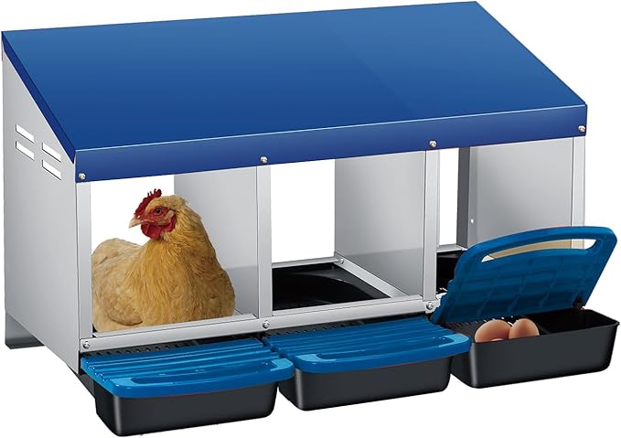 3 Compartment Metal Chicken Nesting Box, Automatic Roll-Out Egg Collection, Waterproof Galvanized Steel Laying Box with Perch & Wall Mount, for Hens Ducks Rabbits