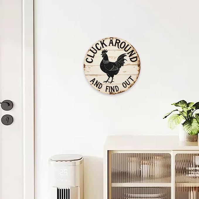 Cluck Around And Find Out Chicken Vintage Rustic Aluminum Metal Round Wall Sign, 8-inch Indoor Outdoor Gifts And Decor for Home, Office, Cafe & Yard Farm