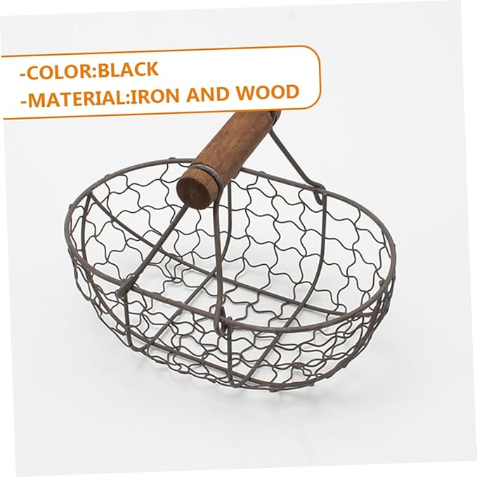 2pcs Farmhouse Style Wire Egg Basket with Wooden Handle, Small Metal Mesh Storage Basket for Kitchen Fruit, Bread, and Egg Organization in Gray Black