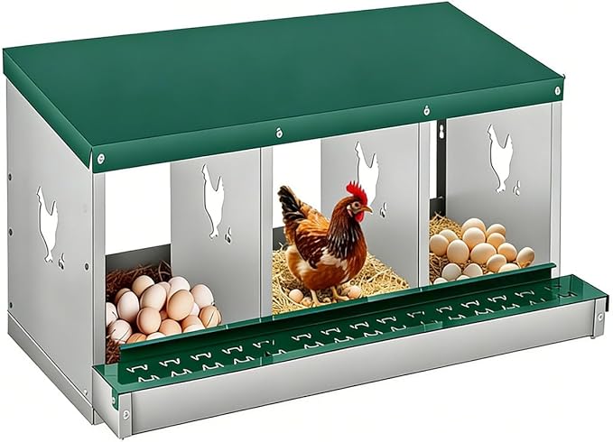 Nesting Boxes for Chickens, 3 Compartments, Nesting Boxes with 4 Dummy Eggs and 10 Dampproof Pets Mats, Green, Stainless Steel, Wall-Mountable & Roll Away Design