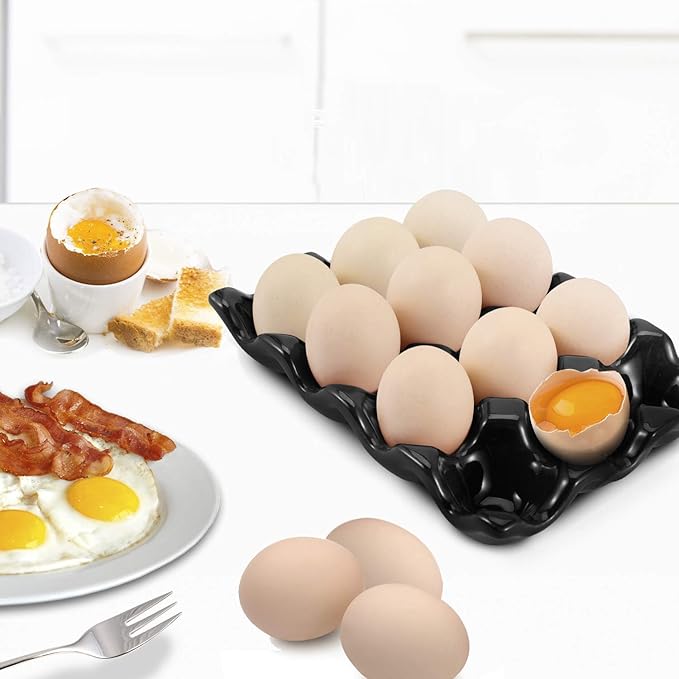 Flexzion 12 Cup Ceramic Egg Tray - Whole Dozen Porcelain Egg Holder Container Storage Organizer Decorative Serving Stand Serveware for Refrigerator Countertop