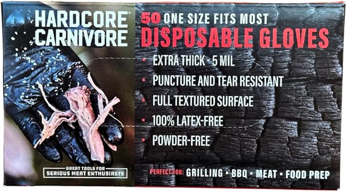 Hardcore Carnivore Disposable Nitrile Gloves (50 ct, 5 MIL) Extra Thick, Textured, Food Safe, Latex and Powder -Free, Black, Tear Resistant