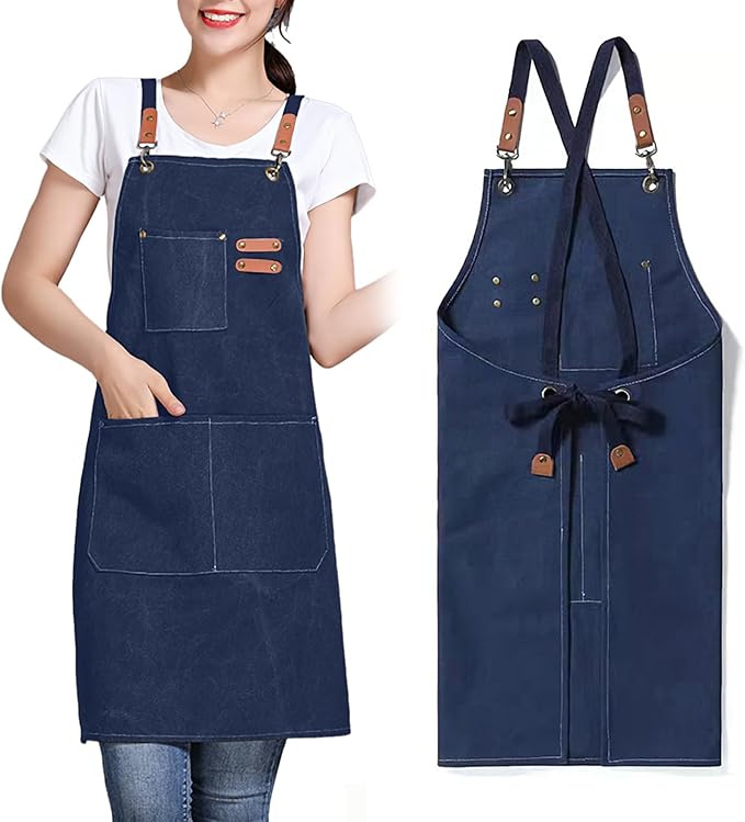 Unisex Aprons with Large Pockets,Cotton Canvas Cross Back Heavy Duty Adjustable Work Apron,Size Kids to Adult