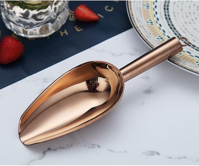 Berglander Stainless Steel Rose Gold Ice Scoop 6 OZ, Titanium Copper Plating Metal Ice Scooper For Ice Maker Multipurpose For Candy Wedding Kitchen Bar Party Pet Animal Dog Food Scoop Beach Shovel
