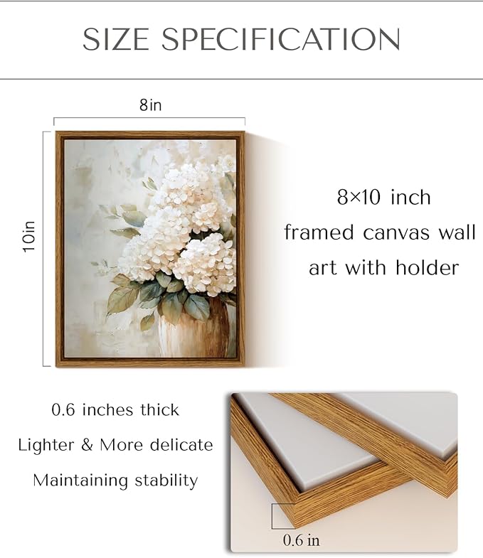 InSimSea Framed Canvas Wall Art Vintage Flower Wall Pictures Room Decor Aesthetic Hydrangea Small Prints Desk Shelf Decor Floral Paintings Farmhouse Artwork for Bedroom Bathroom Office Kitchen 8x10in