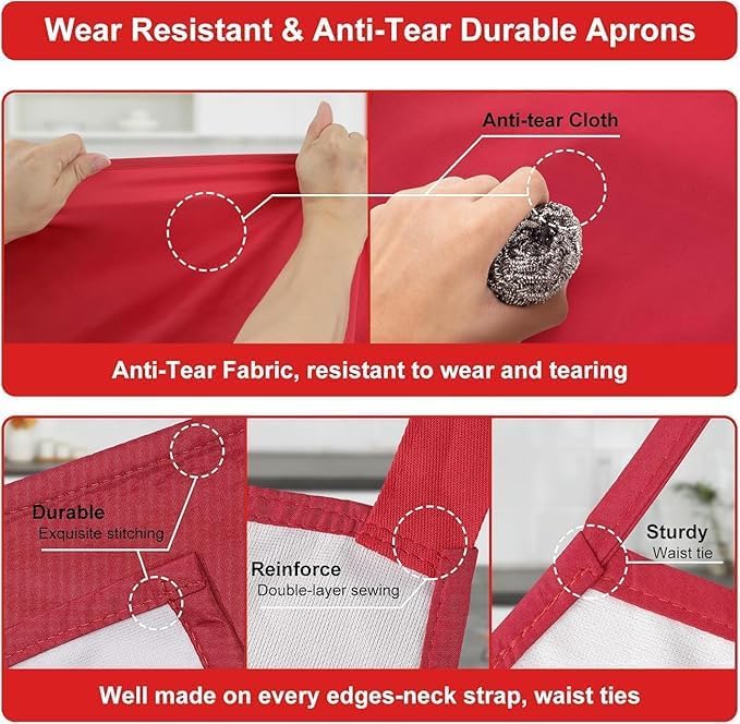 3-Layer Waterproof Apron - Pocket-Free Hygienic Design for Dishwashing & Dog Grooming - Lightweight Durable Protection for messy Kitchen Cooking, Baking, for Men & Women (2 Pack,Red)