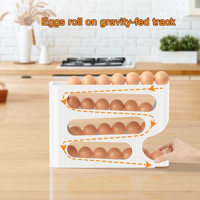 Automatic Rolling Down Egg Holder, SperinGeen 2 Pack Egg Organizer Storage for Refrigerator, Space Saving Container, Dispenser for Fridge - Only for "LARGE" Sized Eggs (Egg Roller Hold 56 Count)