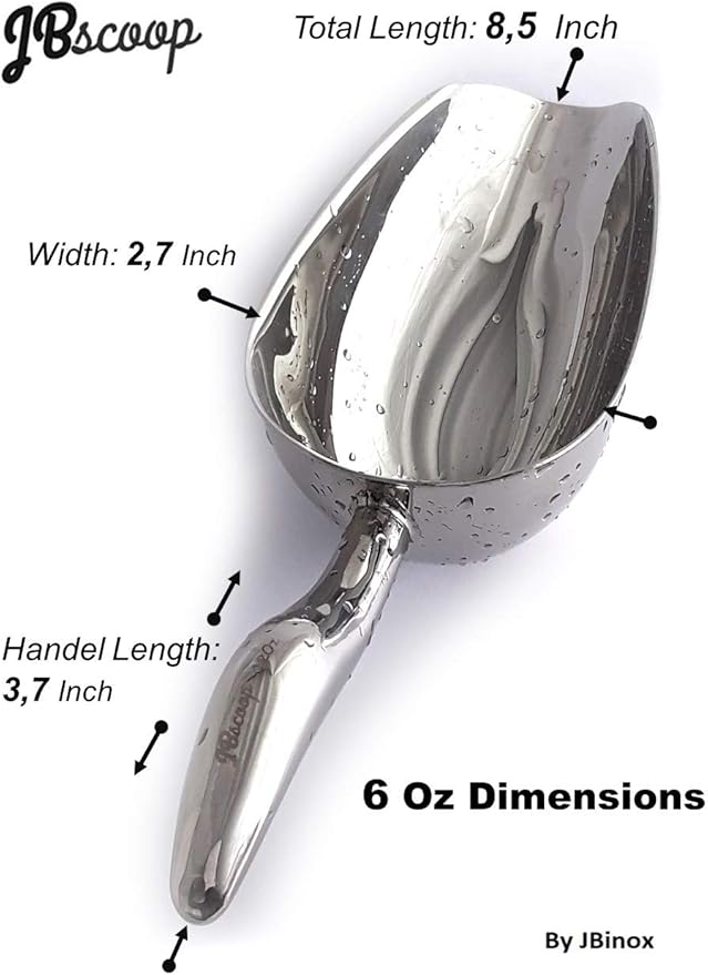 JBscoop Ice scoop, Small Metal Food Candy Scoop for Kitchen Bar Party Wedding – 6 Ounces, 8.5 Inch