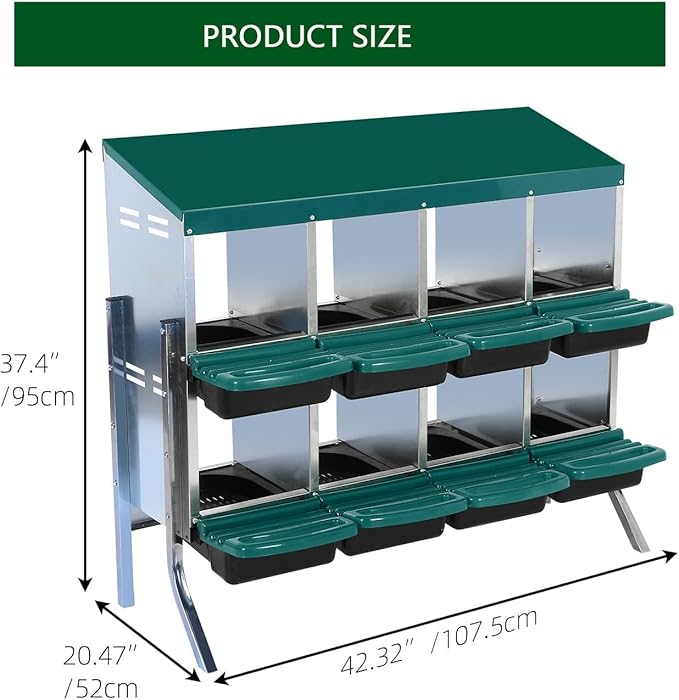 Chicken Nesting Boxes, 8 Holes Metal Chicken Egg Laying Box with Swing Perch and Rollout Egg Collection,for Various Chicken Breeds with Stand - Green 0.7mm