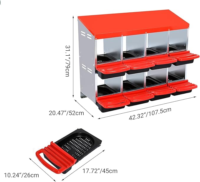 Metal Chicken Nesting Box, 8 Compartments Egg Laying Box, Roll Up Design Lid, Red