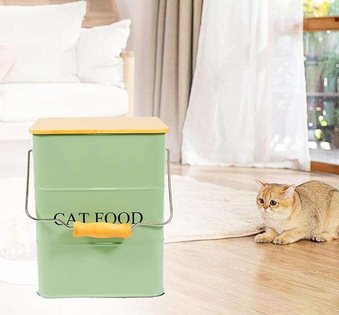 Morezi Cat Food Storage Container Storage bin with Wooden lid Scoop Included Green Metal cat Food Container in Kitchen countertop