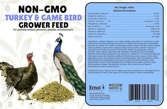 Non-GMO 40 lb Turkey Feed - Natural Peacock, Game Bird & Bird Feed, 24% High Protein Complete Food with Essential Oils, Herbs, Vitamins & Probiotics Formula for Healthy Flock Growth