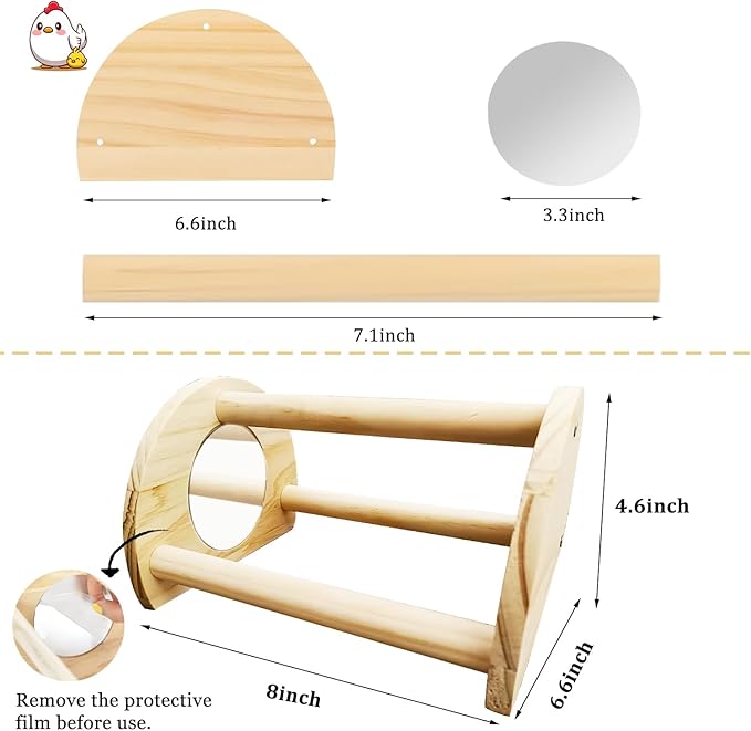 Chicken Perch - Chicken Roosting Perch with Natural Solid Wood, Hand-Polished Freestanding Design for Birds, Chicks & Parrots | Bird Cage Entertainment (Small, Semi-Circular with Mirror)
