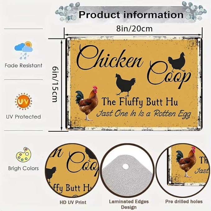Chicken Coop Outdoor Decor with Fluffy Butt Hut Design 6x8 Inch Tin Sign for Yard Farmhouse Poultry Lovers