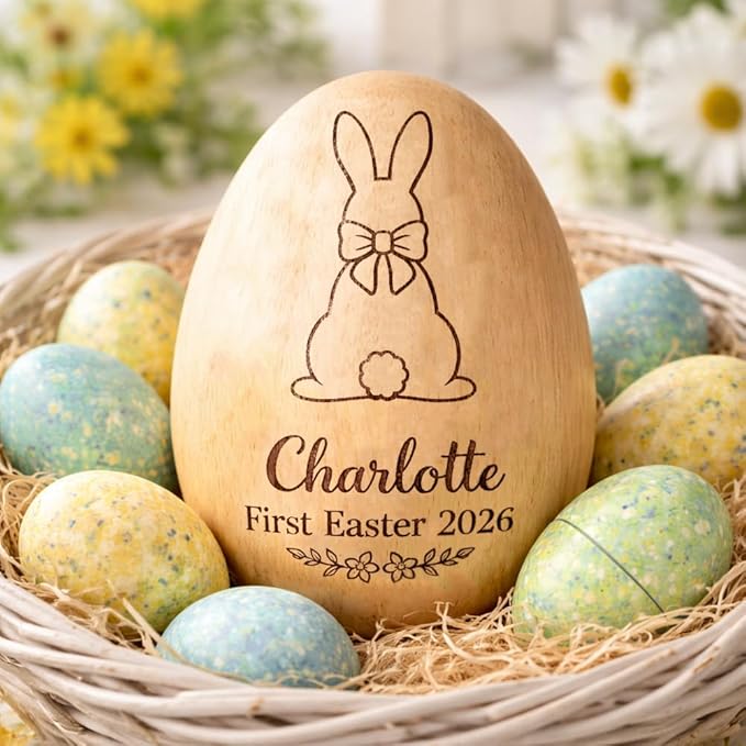 Personalized Wooden Easter Egg – Custom Engraved Bunny Name Egg, Baby First Easter Keepsake Gift, Rustic Wood Bunny Decor, Cute Basket Stuffer for Kids, Spring Holiday Gift for Baby Boy Girl/2