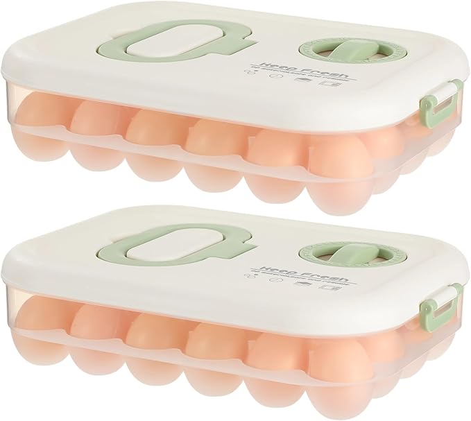 Homaisson 2 Pcs Egg Organizer for Refrigerator, Clear Stackable Egg Containers with Timer, Reusable Egg Carton with Handle, 12.8 x 9 x 3.2 in Large Capacity Egg Holder with Lids