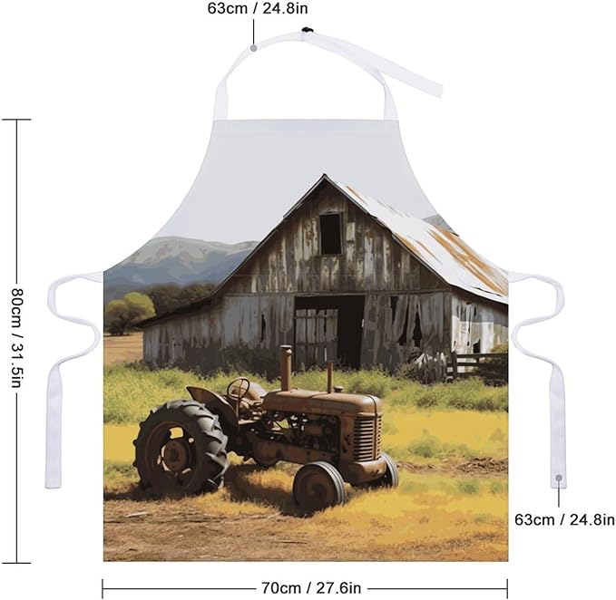 Old Wooden Barn with Rusted Tractor Cooking Aprons for Women Men Waterproof Bib Apron with Pockets Adjustable Kitchen Chef Apron
