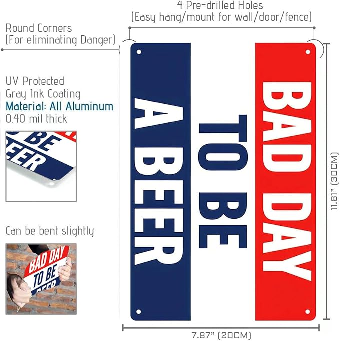 Beer Signs Metal Signs- Man Cave Decor Tin Signs, Bad Day to be A Beer Bedroom Decor for Men 8x12 Inch